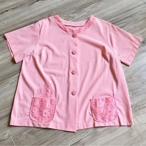 Vintage 60s Pink Nylon Lace Applique PJ Top + Pockets